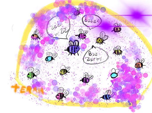 Busy Bees: striped bees buzzing through pink and purple bubbles, saying bzzz