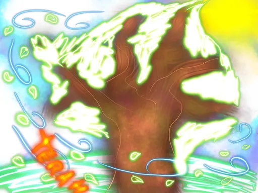 The Glowing Tree: a wide brown tree with glowing white leaves, swirls of wind and a yellow sun