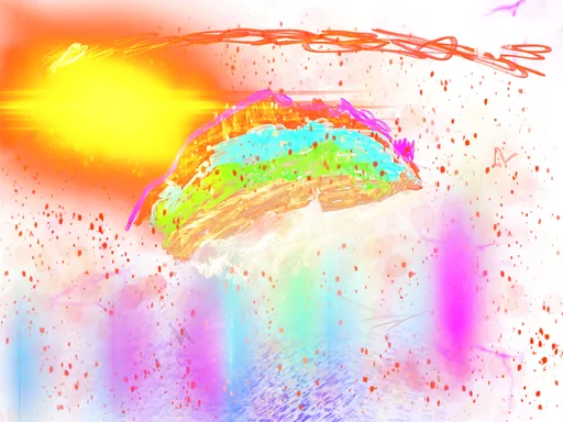 Rainbow Rain: a rainbow cloud raining stripes of colour beside a bright sun