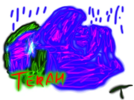 Rainy Day Blue: a big blue and purple shape with a green corner, under falling blue rain