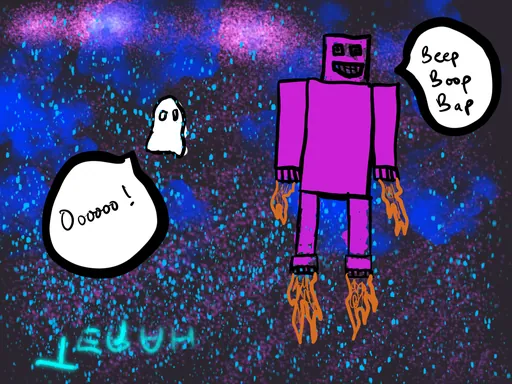 Robot and Ghost: a purple robot with rocket feet saying beep boop bap to a little ghost among blue stars