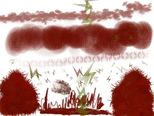 Storm Garden: dark red clouds and zigzag lightning over two bushy red shrubs