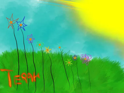 Tall Flowers: thin flowers on long stems in green grass under a yellow sun