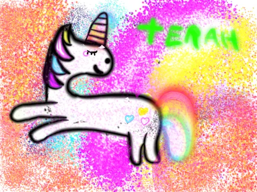Terah's Unicorn: a white unicorn with a rainbow mane leaping across pink and orange speckles
