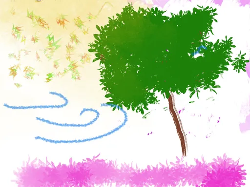 The Windy Tree: a green tree leaning in the wind above a row of pink flowers